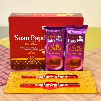2 Rakhi Soan Papdi and Silk Chocolates