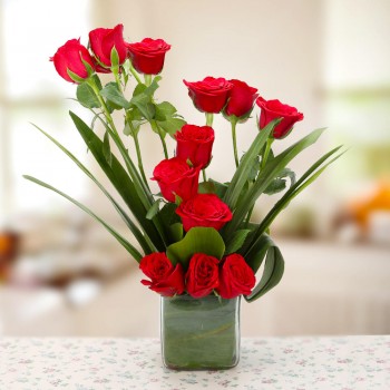 Red Roses in Glass Vase