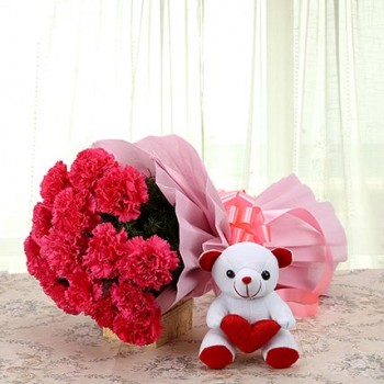 Red Carnations n Teddy Bear
