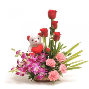 Basket Arrangement Flowers n Teddy