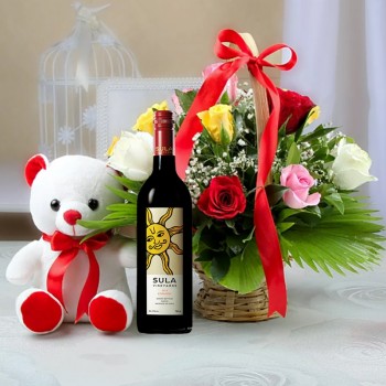 Flowers Basket with Teddy n Wine