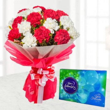 Red and White Carnations with Chocolates