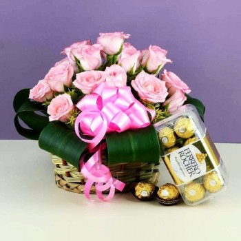 15 Pink Roses Basket and Ferrero
